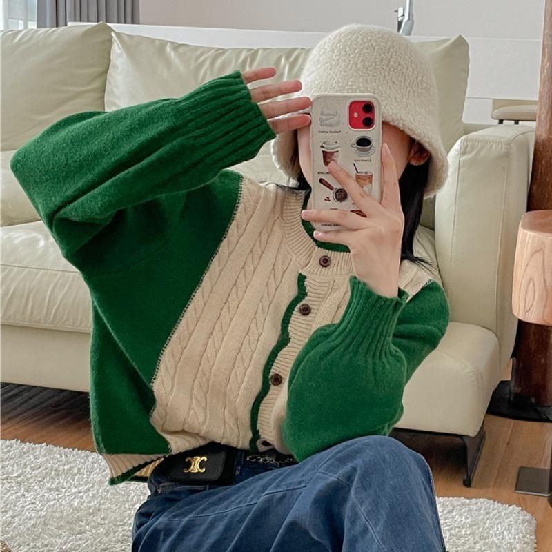 Áo Khoác Cardigan Dệt Kim Màu Sắc Tương Phản Phong Cách Vintage Cho Nữ