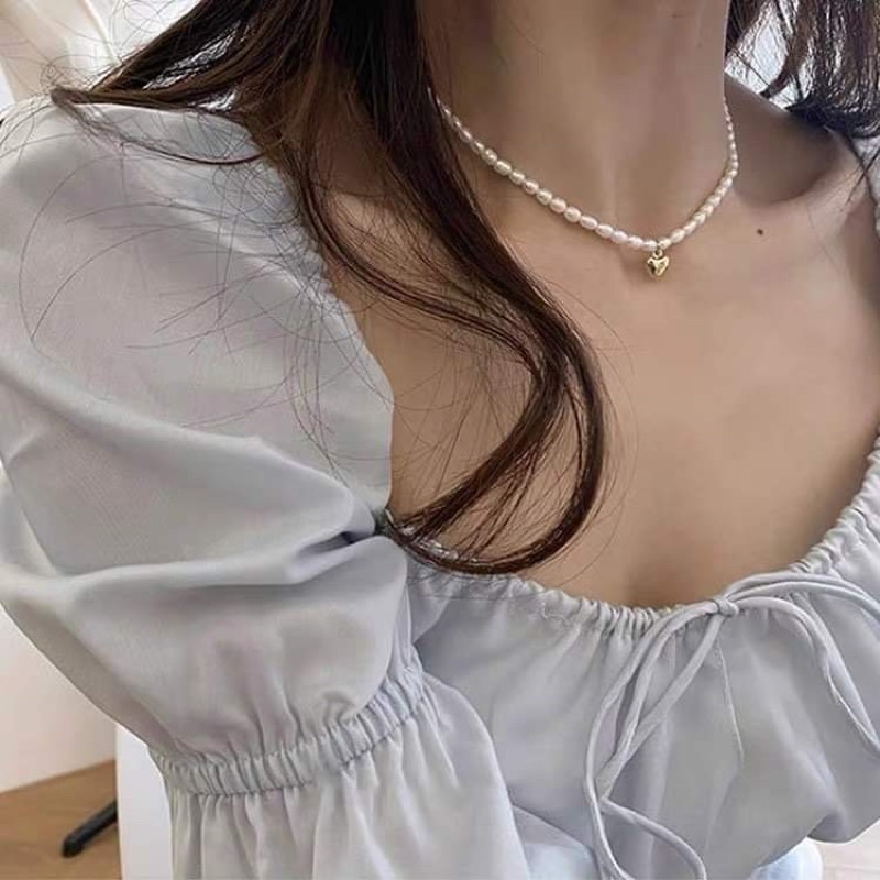 Choker-dây chuyền chuỗi ngọc trắng charm tim bạc