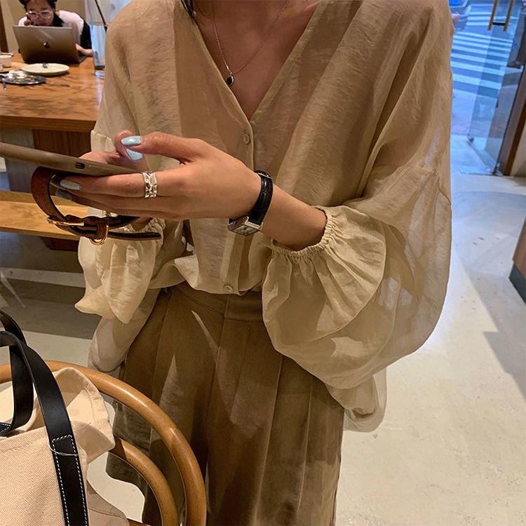 Áo Sơ Mi chiffon Mỏng Tay Phồng Cổ V Thời Trang Hàn Quốc Dành Cho Nữ