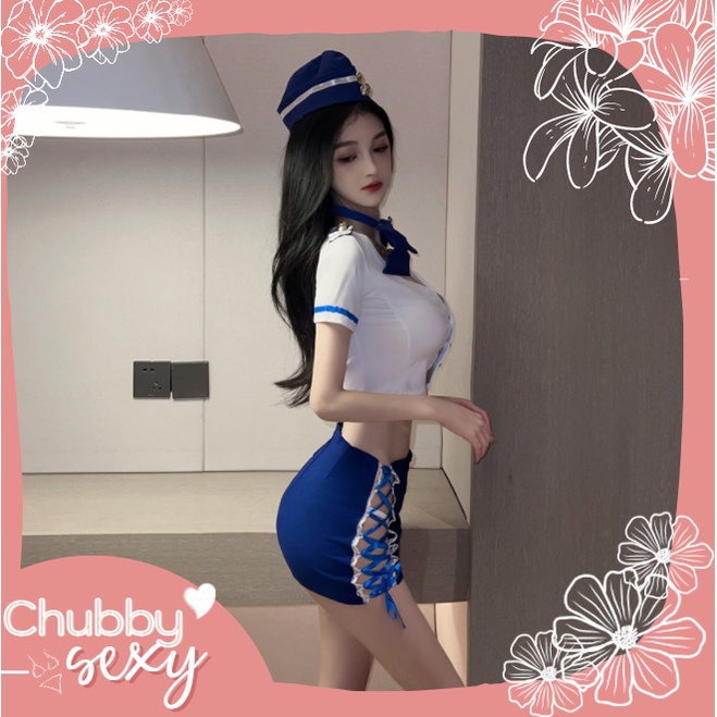 Cosplay Tiếp Viên Hàng Không Set Đồ Lót Cơ Trưởng Chuyến Bay Váy Đan Dây Kèm Nơ Và Mũ Sexy Quyến Rũ - CPL50- Chubby.Sexy