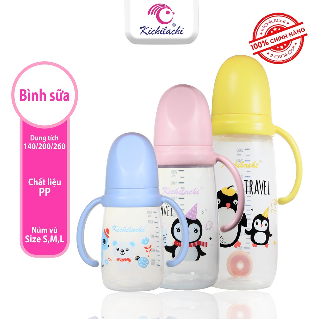 Bình Sữa Cổ Hẹp Kichilachi Nhựa Pp, Núm Ti Silicon Siêu Mềm, Chống Sặc Và Đầy Hơi 80ml/140ml/200ml/260ml [ KÈM NÚM TI ]