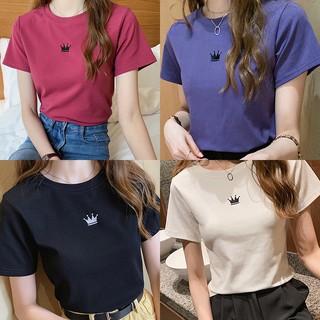Áo Thun Tay Ngắn Thêu Hình Vương Miện Xinh Xắn Cho Nữ