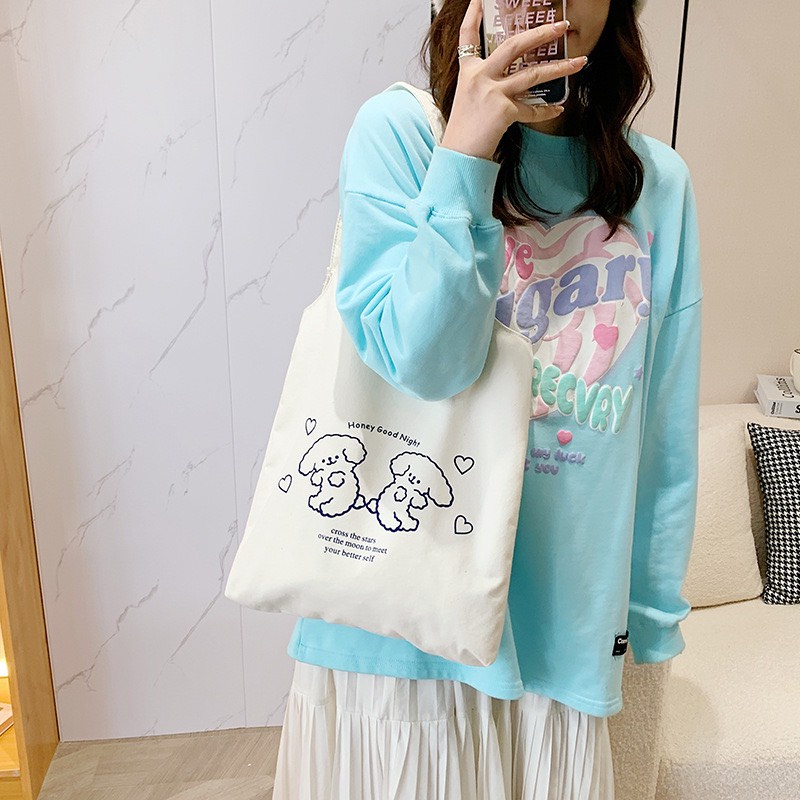 Túi Tote Trắng Vải Canvas Mềm Mịn Hình Gấu Cute Phù Hợp Cho Đi Chơi Đi Cafe
