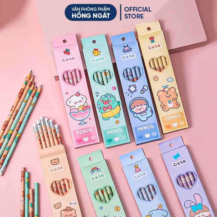 Hộp 6 bút chì hb cho bé, bút chì gỗ cute văn phòng phẩm đồ dùng học tập dễ thương làm quà tặng học sinh QT12