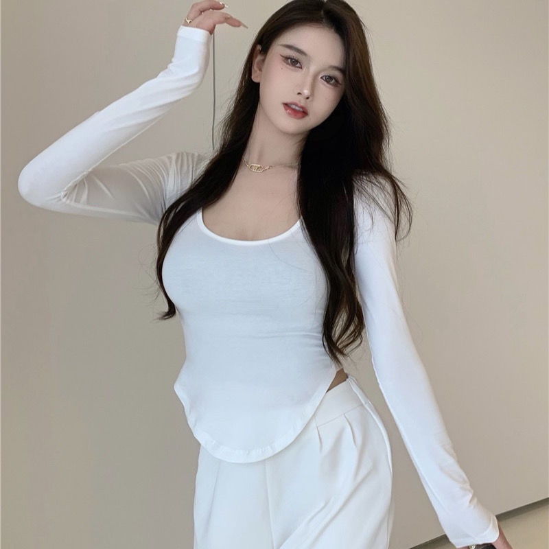 COZOK Áo thun tay dài cổ chữ U dáng ôm đơn giản dễ phối đồ