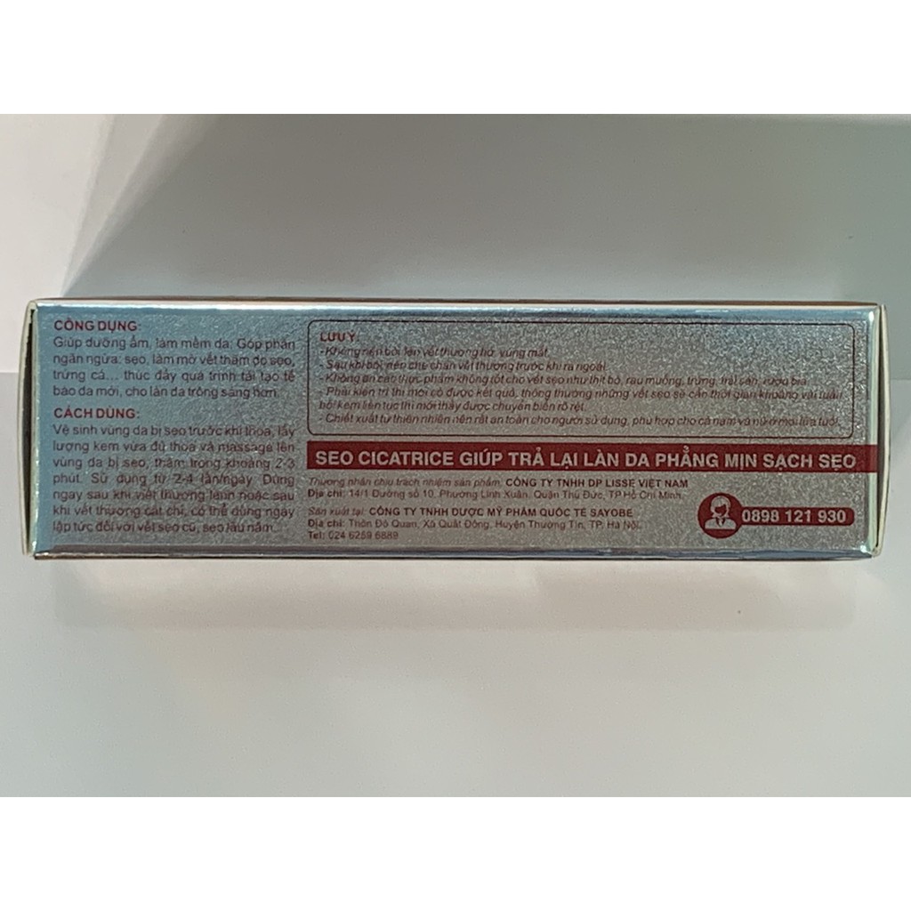 Sẹo Cicatrice Lisse ( tube 10 gam) - làn da phẳng mịn ,sạch sẹo lồi, sẹo lõm, sẹo thâm do mụn, sẹo lâu năm