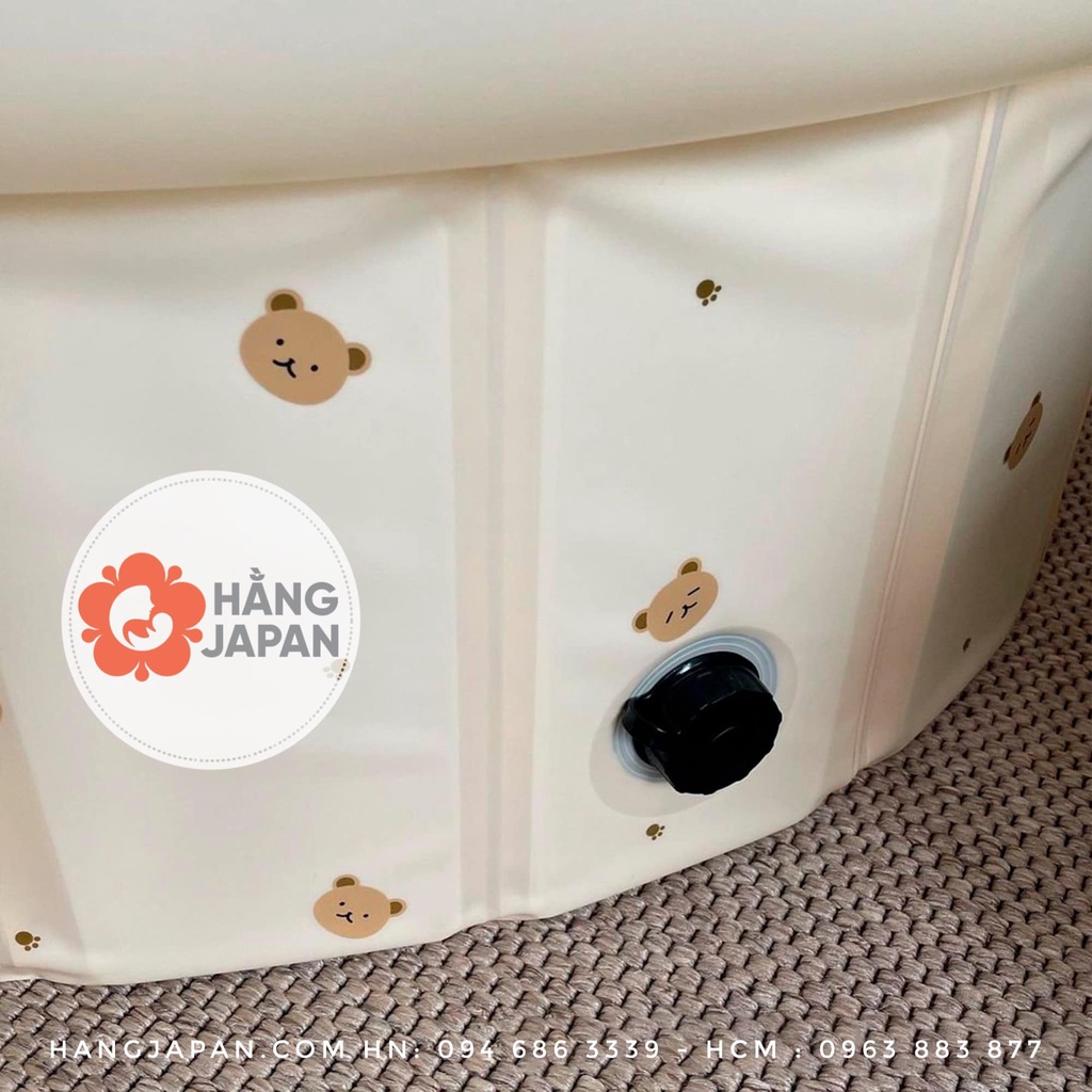 Bể bóng gấp gọn màu kem họa tiết gấu kích thước 35*120 dùng làm bể bơi, quây cũi cho bé