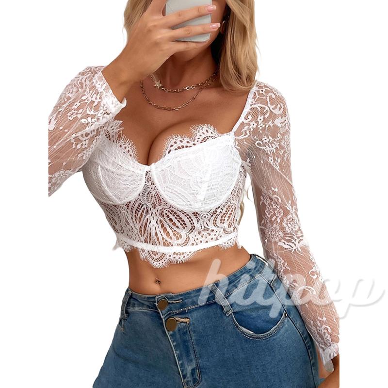 Áo Croptop Tay Dài Cổ Chữ V Phối Ren Xuyên Thấu Thời Trang Quyến Rũ Cho Nữ