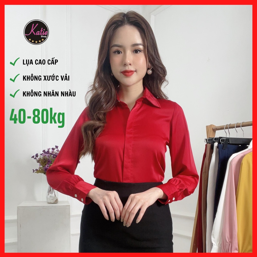 Áo Sơ Mi Nữ Màu Đỏ Katie Sơ Mi Tay Dài Chất Áo Lụa Ngọc Trai Cao Cấp Nhiều Màu Sang Trọng Mềm Mịn Không Nhăn Al