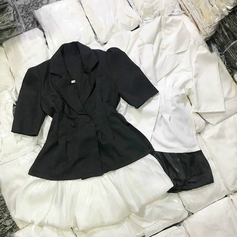 Áo Vest Blazer Tay Phồng Vạt Vuông 2 Màu Đen Trắng Sang Trọng Kèm Chân Váy HB Thiết Kế Thanh Lịch