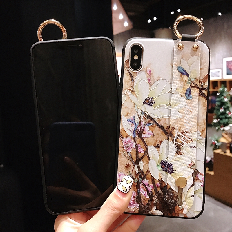 Ốp điện thoại in hoa phong cách cổ điển có dây đeo chống rơi cho iPhone 6 6S 7 8 Plus XS Max XR