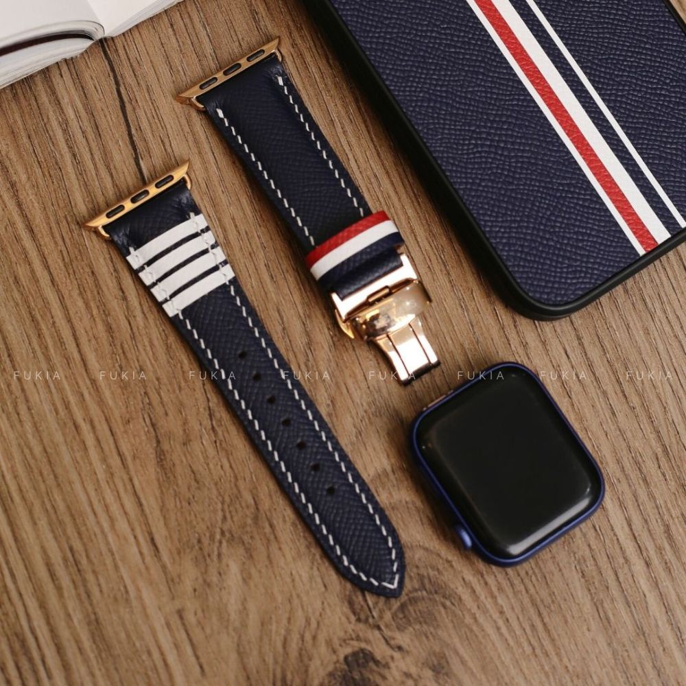 Dây da thủ công Epsom Thom Browne Xanh Navy dành cho Apple Watch đồng hồ thông minh Series 1/2/3/4/5/6/7/SE DDTC177