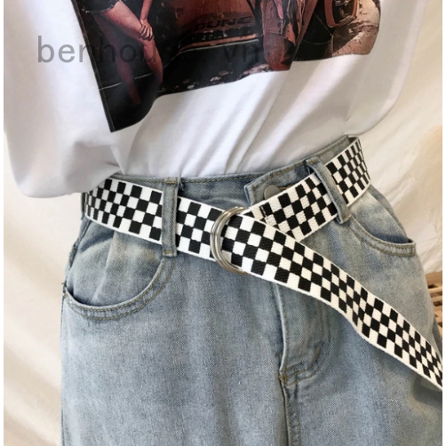 Thắt lưng kẻ sọc vuông trắng đen unisex phong cách Hiphop