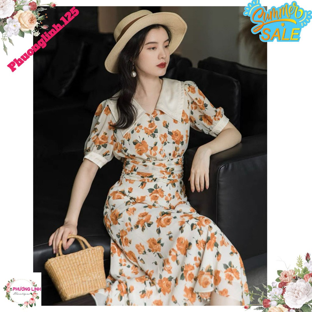 VÁY HOA VÀNG CAM PHỐI CÚC NGỌC VINTAGE | BigBuy360 - bigbuy360.vn