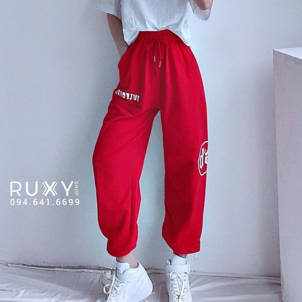 [Mã BMBAU50 giảm 50K đơn 150K] Quần Jogger Nữ Ruxy Bo Gấu Bule Girl Da Cá Cạp Chun Đỏ Trắng
