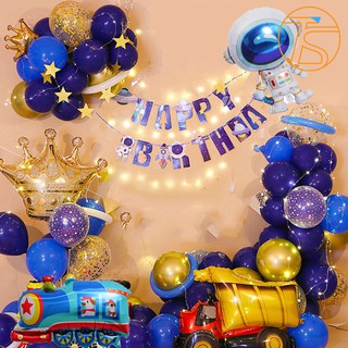 Set Trang Trí Sinh Nhật Happy Birthday Bong Bóng Phi Hành Gia Và Xe Ben Cho Bé Trai, Bé Gái Kèm Ống Bơm Tay Kèm Đèn Led