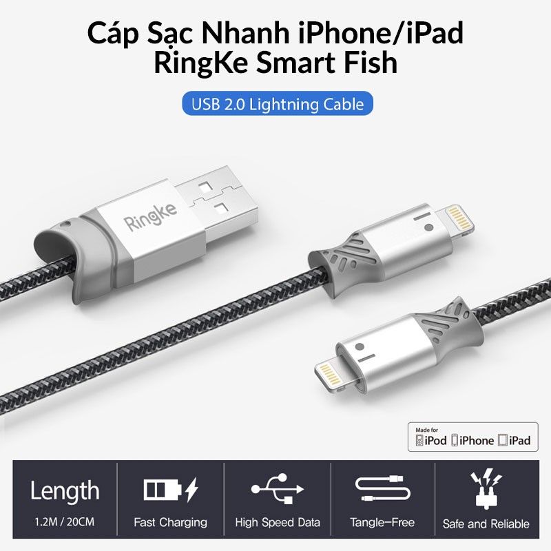 Cáp Sạc Nhanh iPhone, iPad Ringke Smart Fish Lightning Cable Chuẩn MFI Dây Bện Nylon Chống Rối