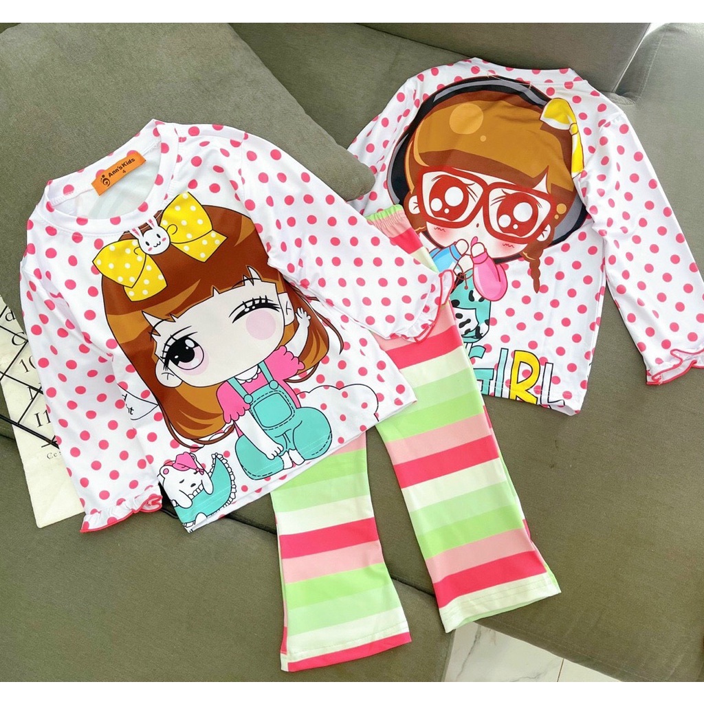 [9-22kg] Bộ tay dài chất thun lạnh 3D cao cấp in hình siêu dễ thương cho bé gái, Bộ quần áo thu đông, Đồ ngủ dài tay