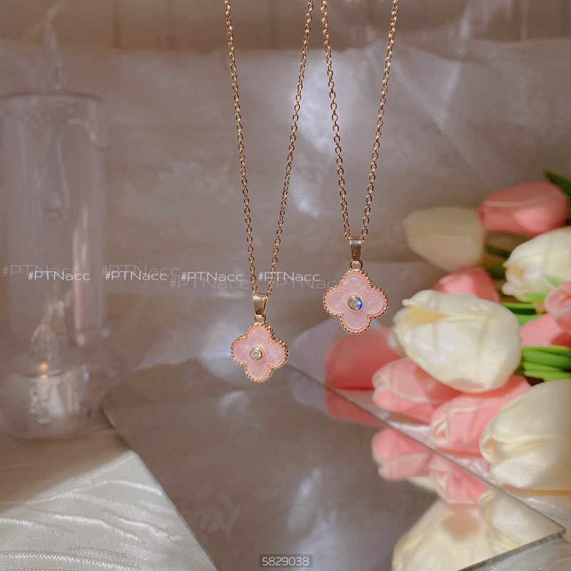 ᴾᵀᴺᵃᶜᶜ Dây chuyền titan cỏ 4 lá màu hồng baby