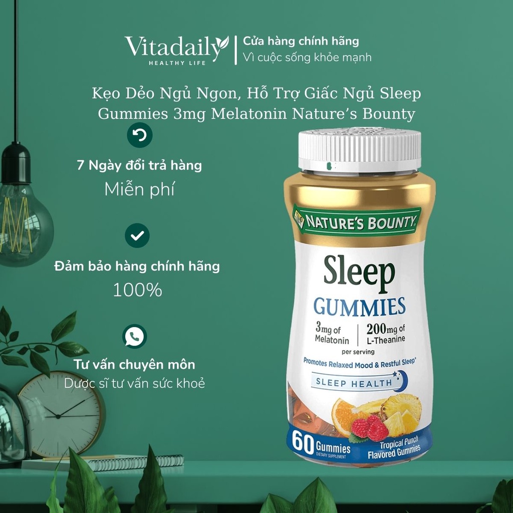 Kẹo Dẻo Ngủ Ngon, Hỗ Trợ Giấc Ngủ Sleep Gummies 3mg Melatonin Nature’s Bounty 60 viên
