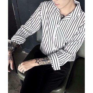 ÁO SƠ MI NAM SỌC TRẮNG ĐEN - VẢI LỤA MỊN