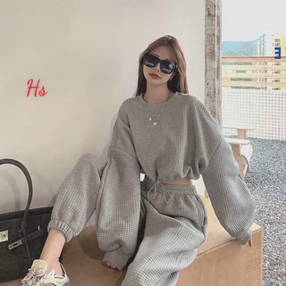 Bộ áo dài tay croptop chun bụng quần dài chun gấu
