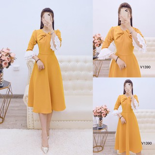 Đầm dự tiệc màu vàng tay điệu nữ tính V1390 Mie Design kèm ảnh thật