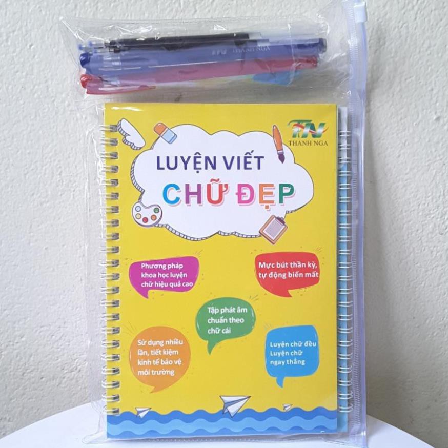 Bộ 3 cuốn vở tập viết tự xóa thần kỳ Thanh Nga (Luyện nét, luyện chữ đẹp, luyện chữ số và 2 bút 2 kê tay, 6 ngòi bút).