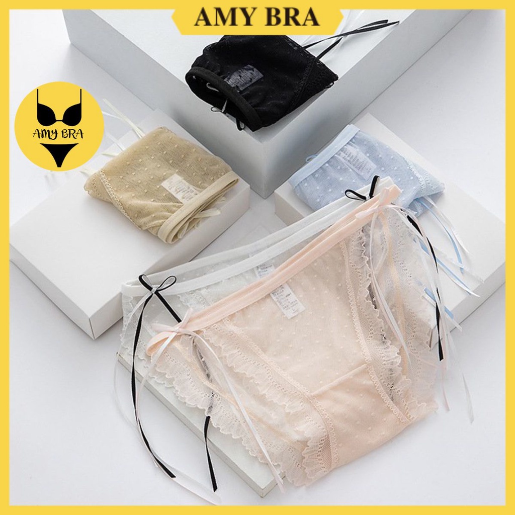 Quần Lót Nữ - Quần Lót Ren Cao Cấp Chấm Bi Đính Nơ Thoáng Mát AMYBRA L547