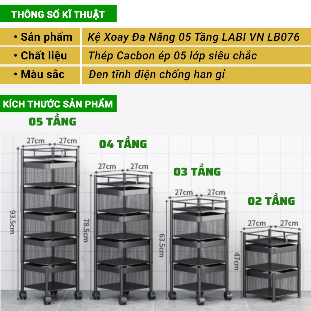 Kệ xoay hình vuông để đồ nhà bếp đa năng 5 tầng có bánh xe LABI VN LB076