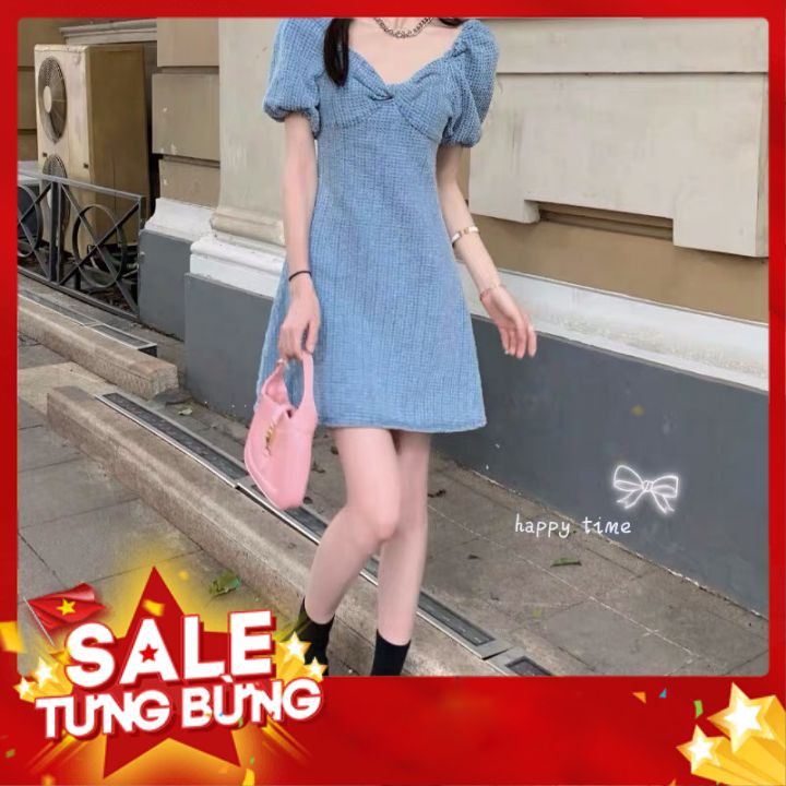 DRESS❣️ Váy Jeans Tay Phồng Xoắn Ngực Form Chữ A Tôn Dáng