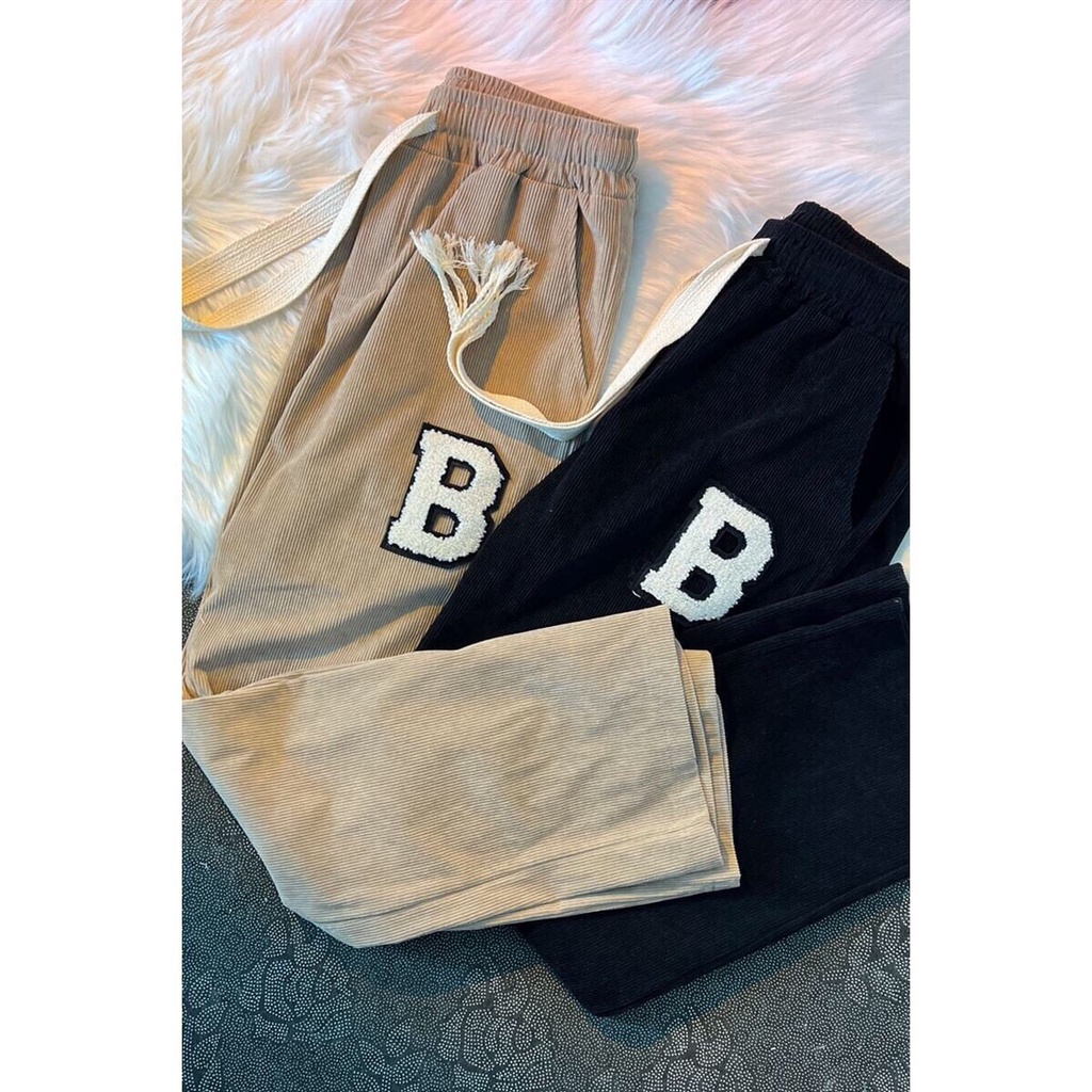 Quần Rộng Ống Suông Đai Bản To Thêu CHữ B Unisex Nam Nữ Cạp Chun Co Dãn Năng Động Freesize