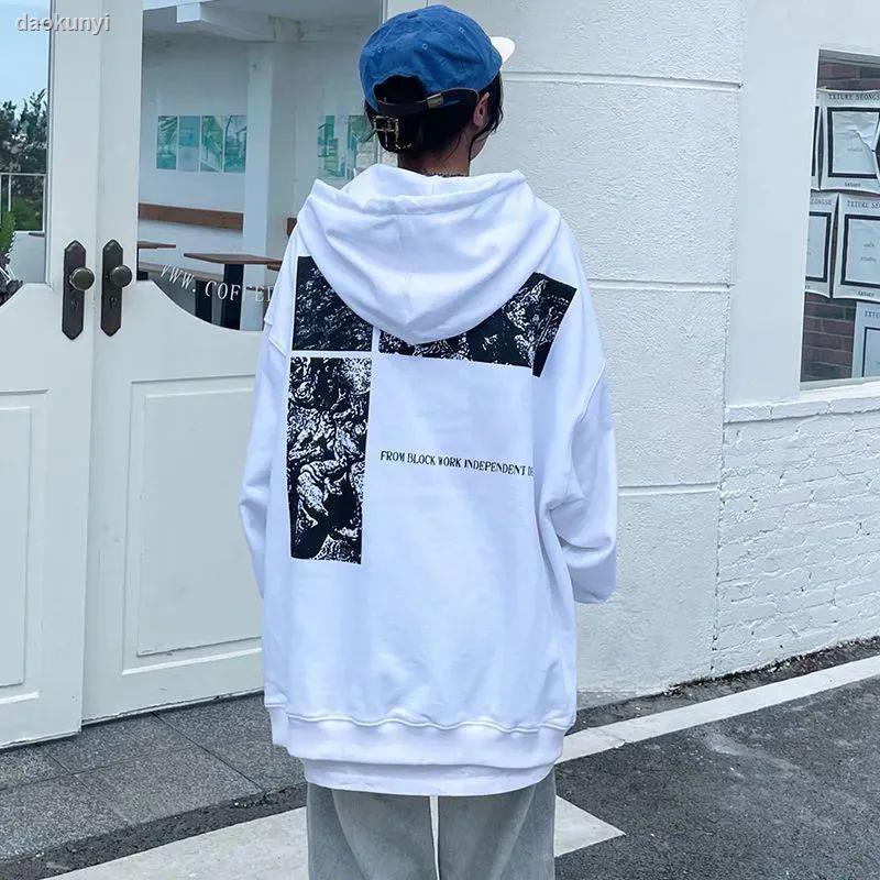 ✒▫✕Áo khoác hoodie tay dài dáng rộng vải cotton mỏng in họa tiết kiểu Harajuku thời trang mùa xuân cho nữ 2021