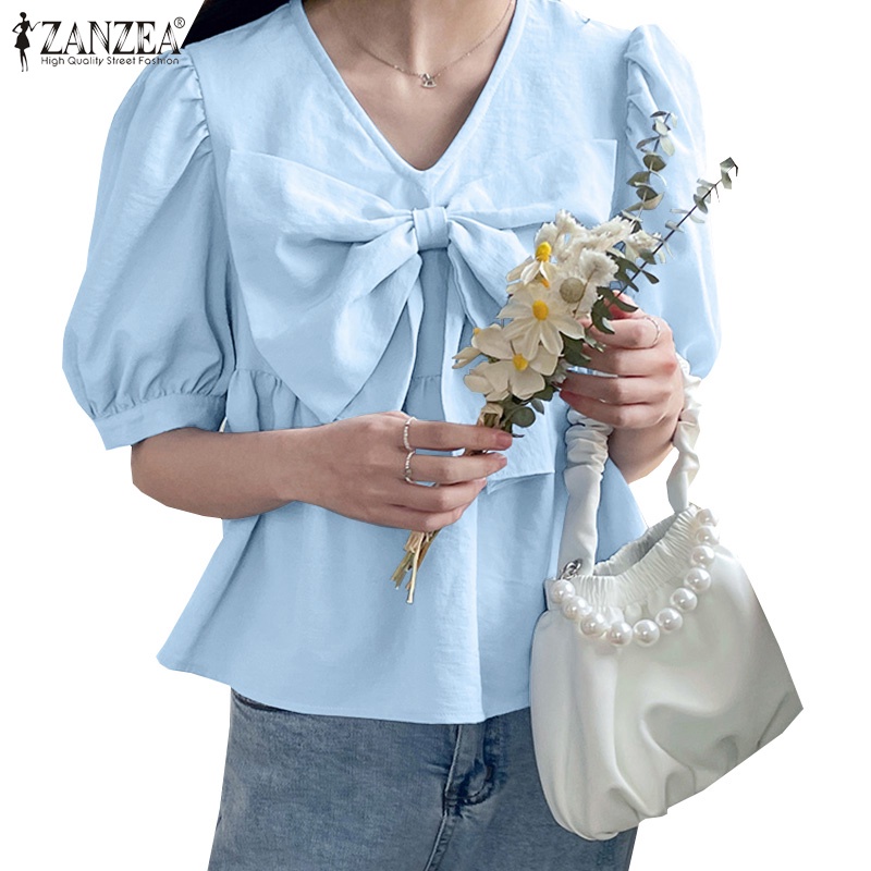 Áo sơ mi Zanzea tay ngắn cổ chữ V thắt nơ màu trơn thời trang phong cách Hàn Quốc dành cho nữ