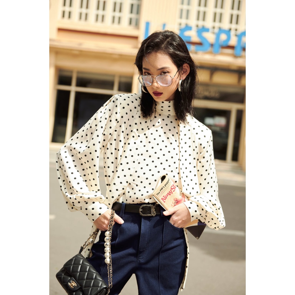 Áo sơ mi lụa satin chấm bi nữ HUONG BOUTIQUE HBSM938 cổ nơ