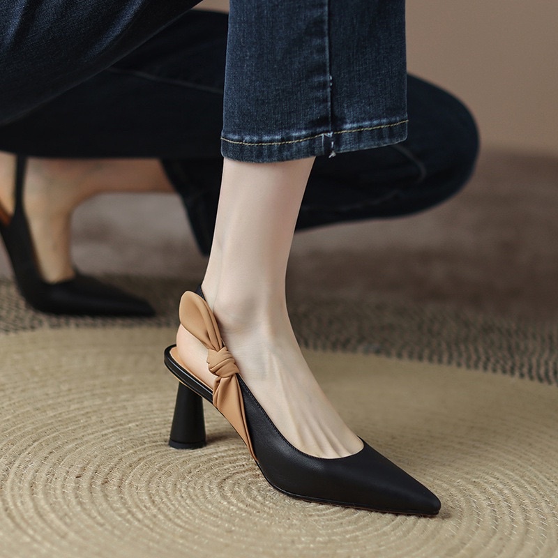 Giày cao gót nữ bít mũi thắt nơ. Sandal cao gót mũi nhọn hở eo 7-8 phân HP14