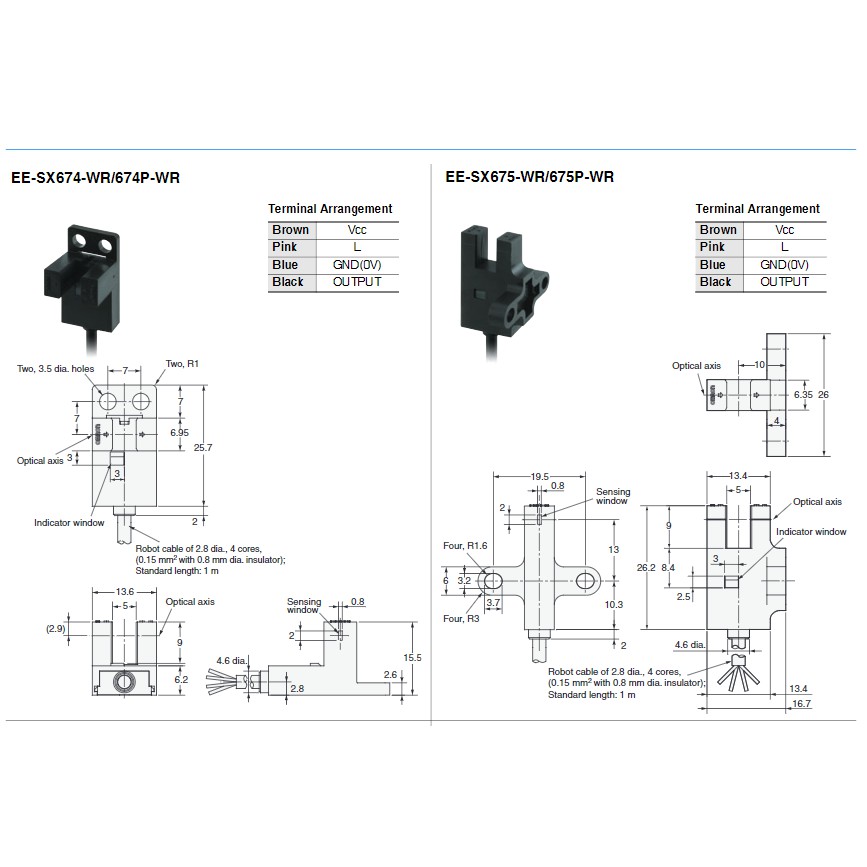 Cảm biến quang Omron EE-SX671WR - EE-SX672WR - EE-SX674WR dây dài 3m