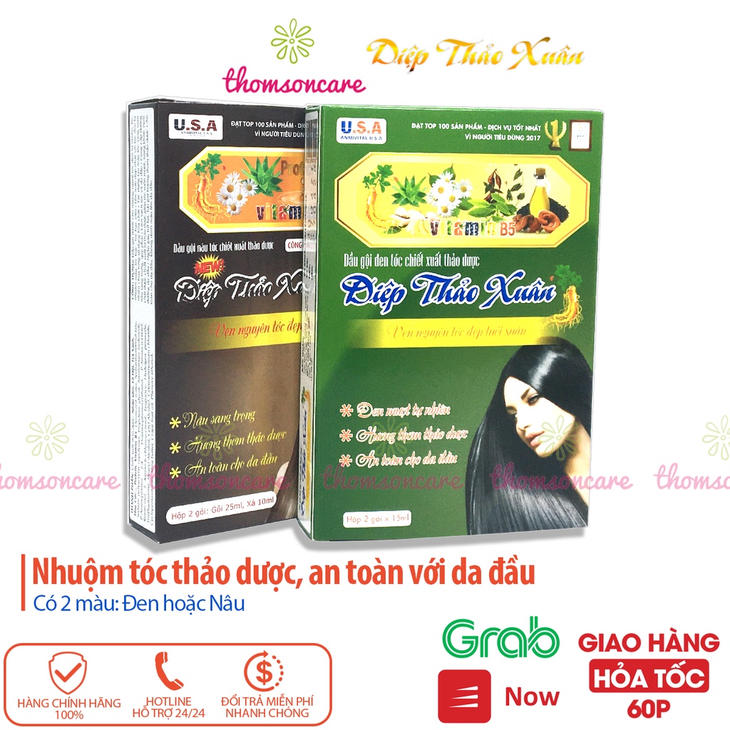 Nhuộm tóc Diệp thảo xuân từ thảo dược , có nhuộm đen và nâu, lên màu tự nhiên, không hóa chất