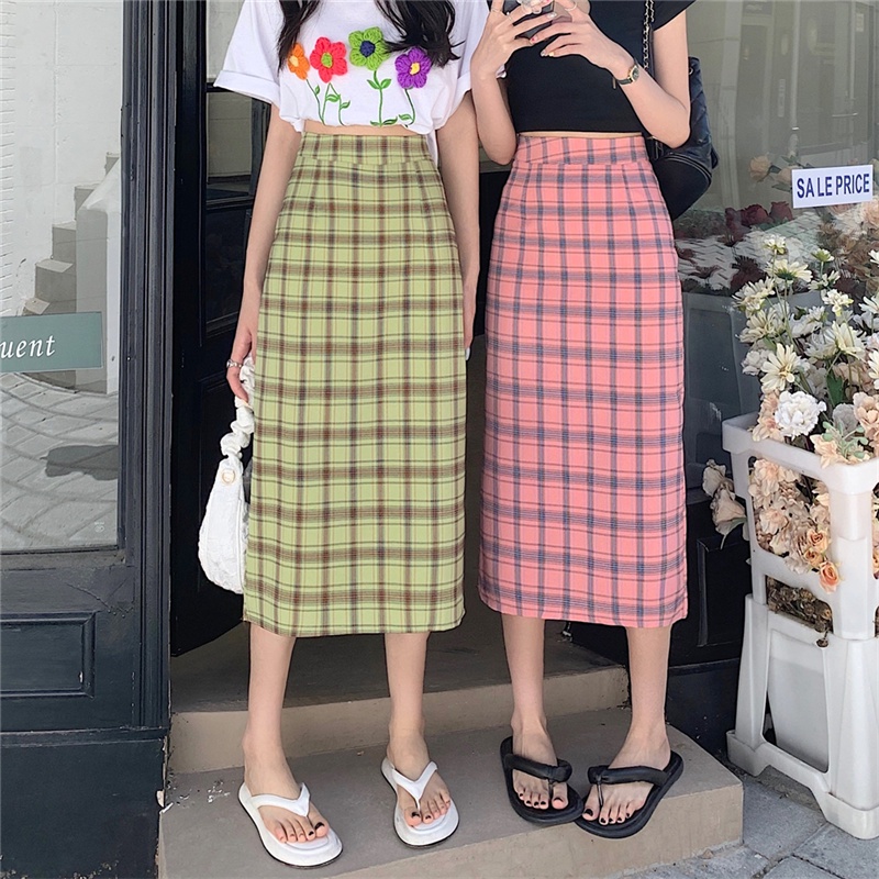 Chân Váy Dài Qua Gối Họa Tiết Caro Phong Cách Vintage Thời Trang Cho Nữ