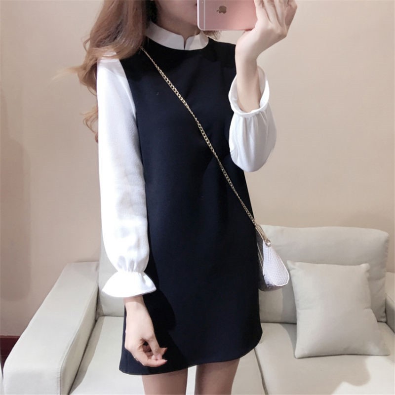 váy sơ mi nữ cổ tàu dài tay thu đông da48