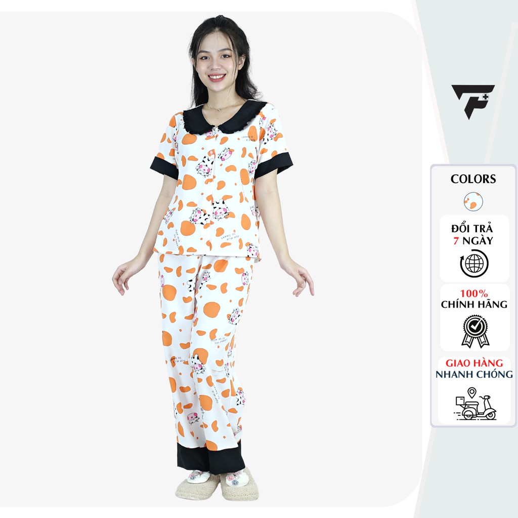 Bộ pijama lụa mặc nhà nữ quần dài tay ngắn phối màu đẹp FPLUS 294
