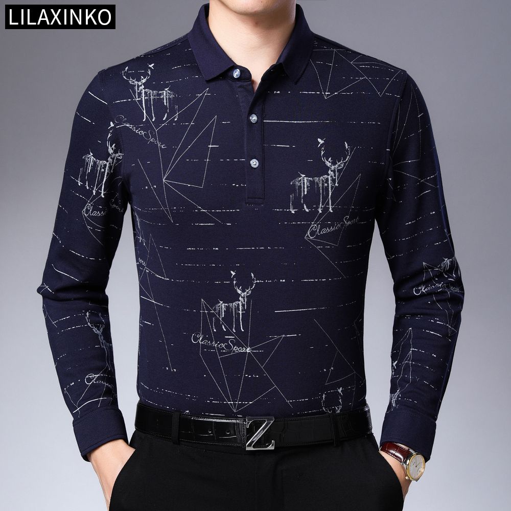 Áo Thun Polo Cotton Tay Dài In Họa Tiết Đơn Giản 2 Màu Thời Trang Thu Đông Dành Cho Nam
