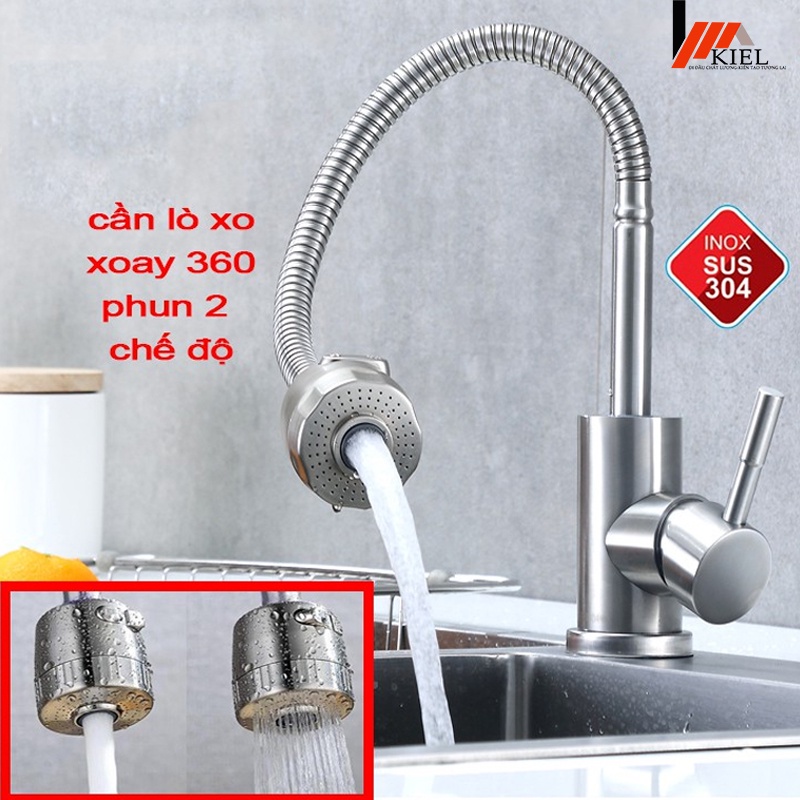 Vòi rửa chén lạnh inox 304 không gỉ, cần mềm bẻ xoay 360 linh hoạt điều chỉnh 2 chế độ.