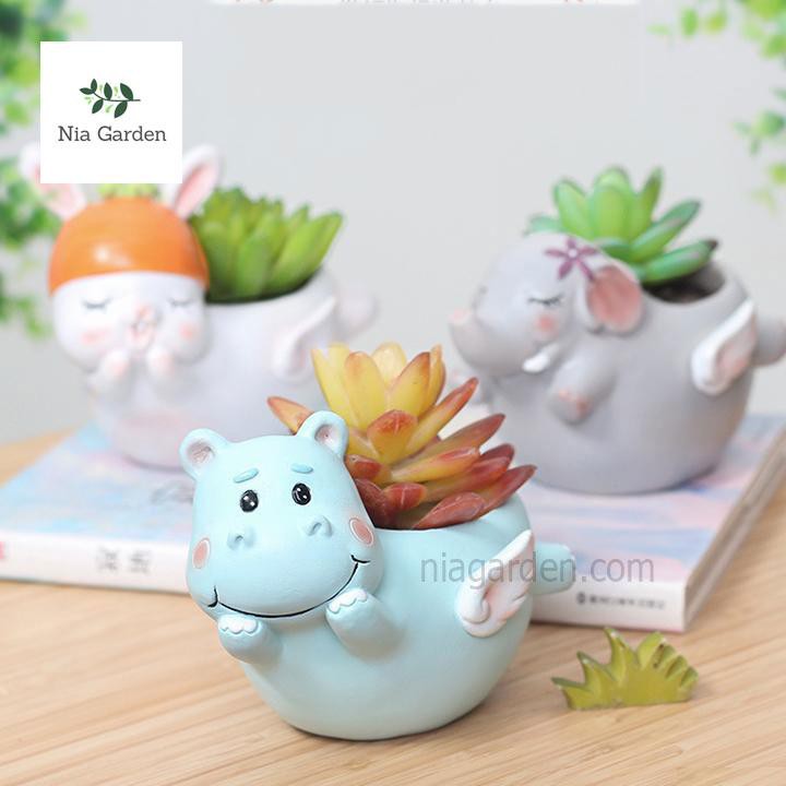 Chậu hình thú hà mã thiên thần trồng cây cảnh sen đá xương rồng mini Nia Garden N4