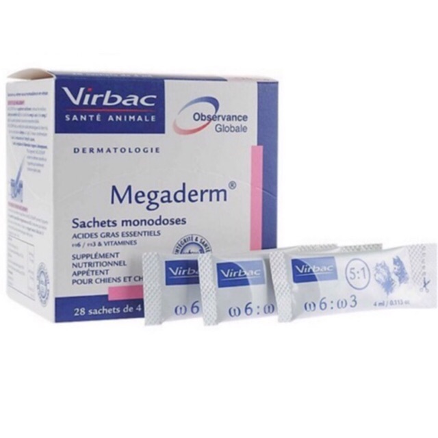 GEL DINH DƯỠNG VIRBAC MEGADERM GIÚP MƯỢT LÔNG, DA, GIẢM NGỨA CHO PET THÚ CƯNG CHÓ MÈO, Gói 4ml