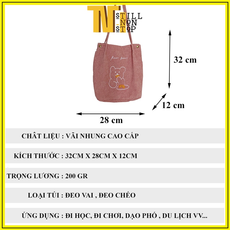 Túi vải nhung đeo vai hình gấu ăn bánh đi học đi chơi tote giá rẻ có túi con XUONGMAITNT TX02