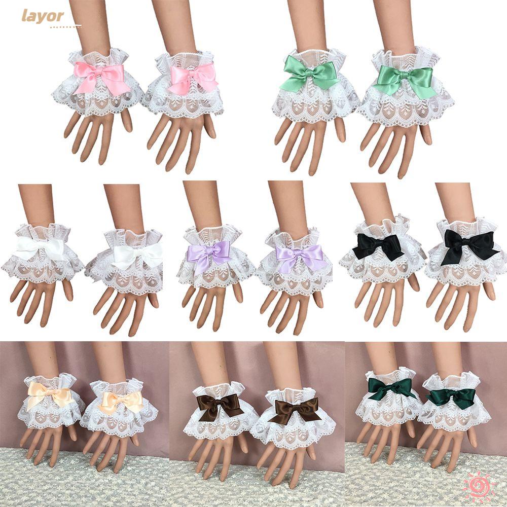 [LAY] Hot Lolita Hand Sleeve Bowknot Ruffled Wrist Cuffs Lace Maid Cosplay Bracelet for Wedding Party Multicolor Sweet/Multicolor