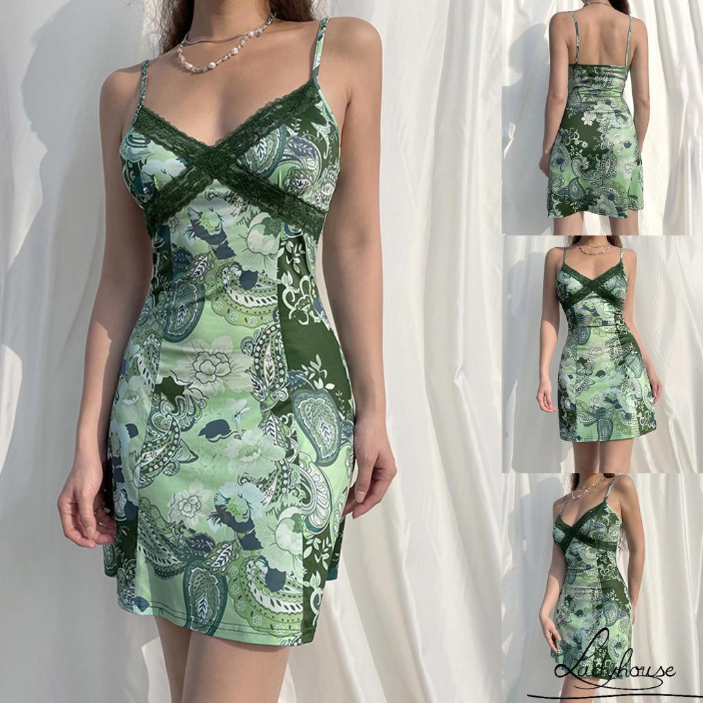 Đầm Hai Dây Cổ Chữ V Dáng Ôm In Họa Tiết Thời Trang Mùa Hè Xinh Xắn Cho Nữ
