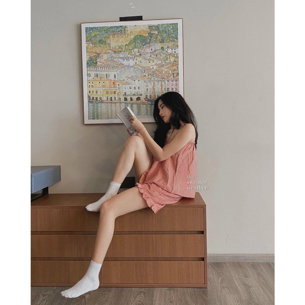 Set 2 Dây Đũi Bèo Chun Ngực Nữ  Bộ Ngủ Quần Short Đũi Ống Rộng Mix Áo Dây Babydoll Ulzzang 5 Màu