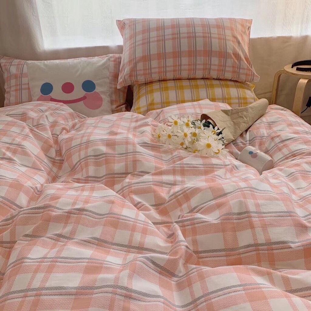 Bộ chăn ga Cotton Poly chăn ga Hàn Quốc kẻ hồng ga hồng đủ size miễn phí bo chun